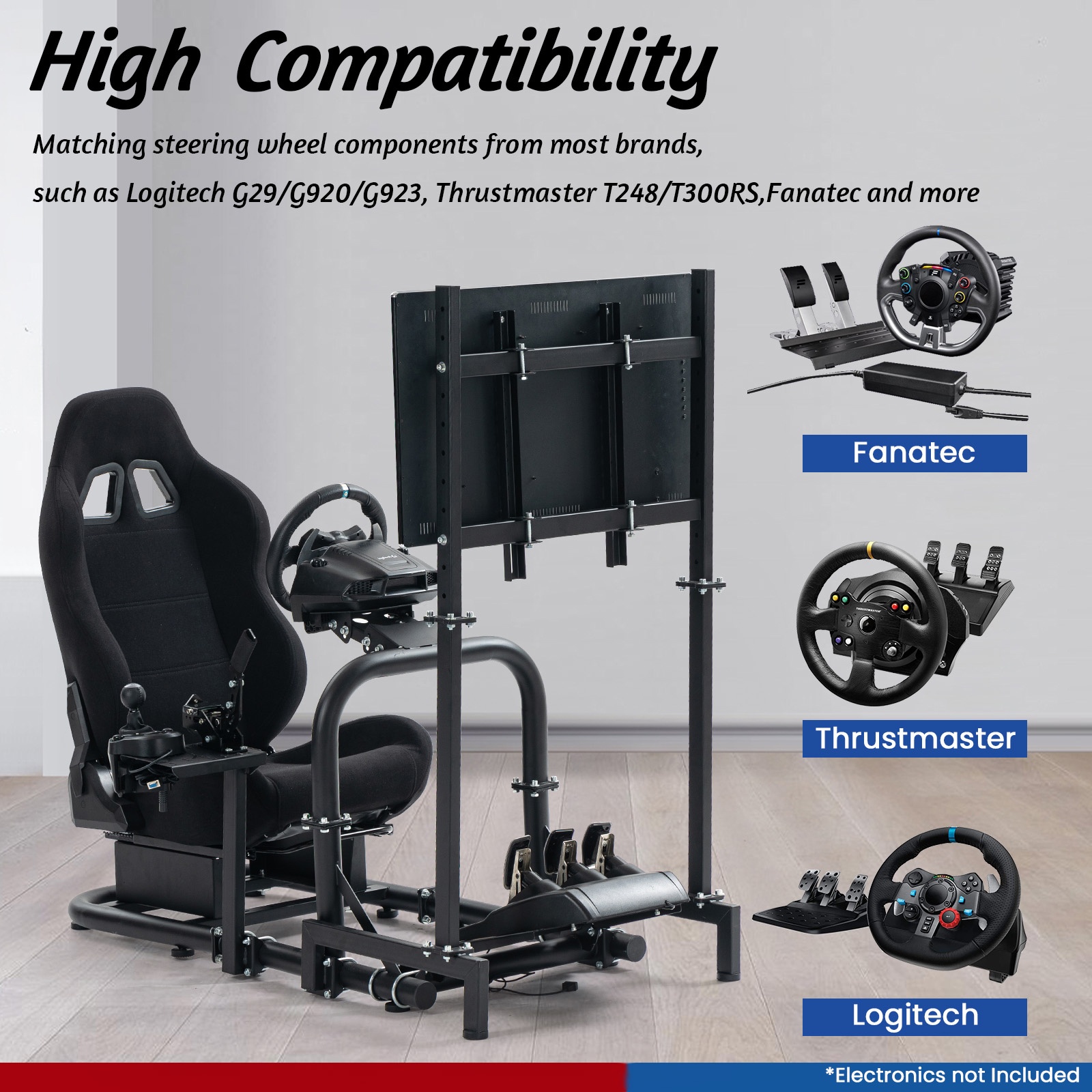 Adjustable Racing Simulator Cockpit with Black Seat and TV Stand